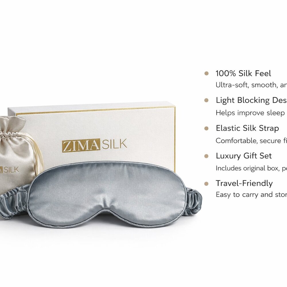 ZIMASILK Silk Sleep Mask Luxury Eye Mask Set w/ Box & Pouch Gray - Picture 5 of 7